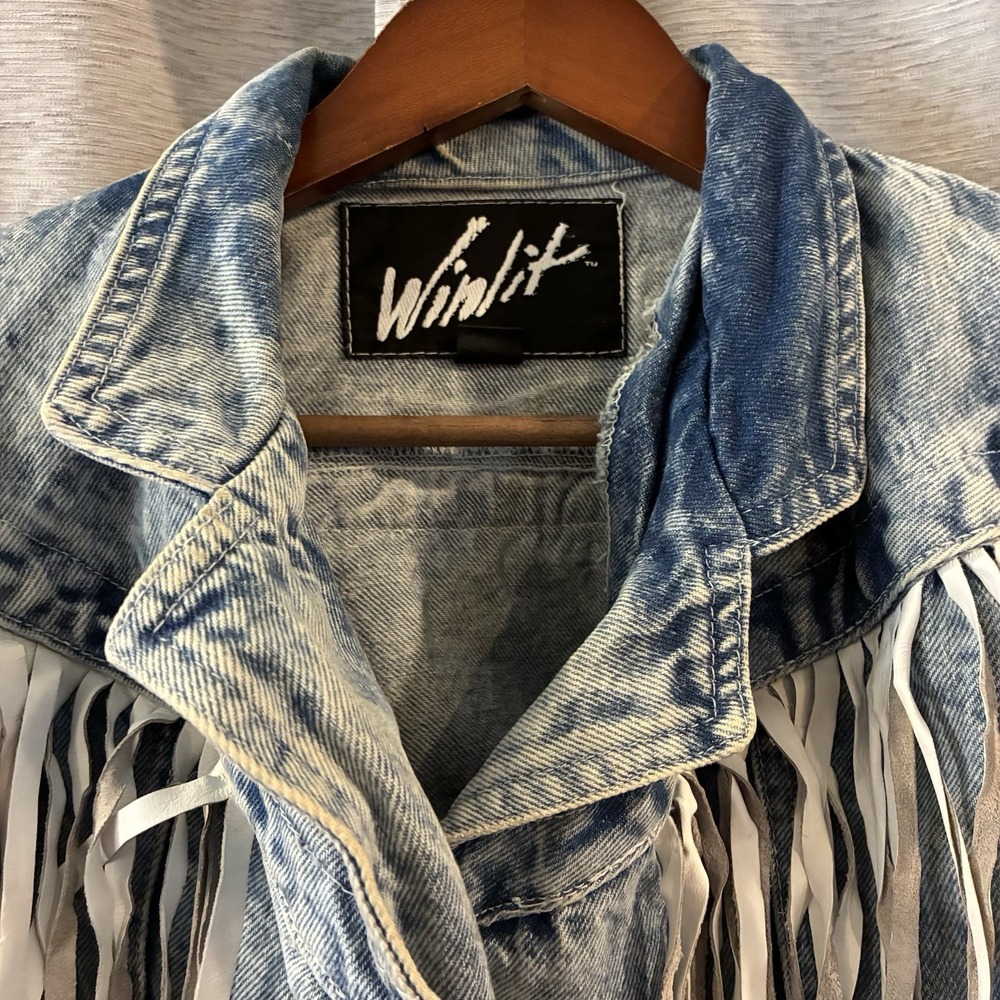 Vtg Winlit Acid Wash Denim Fringe Jacket Suede Tassels Western Boho Rocker M - Picture 5 of 10